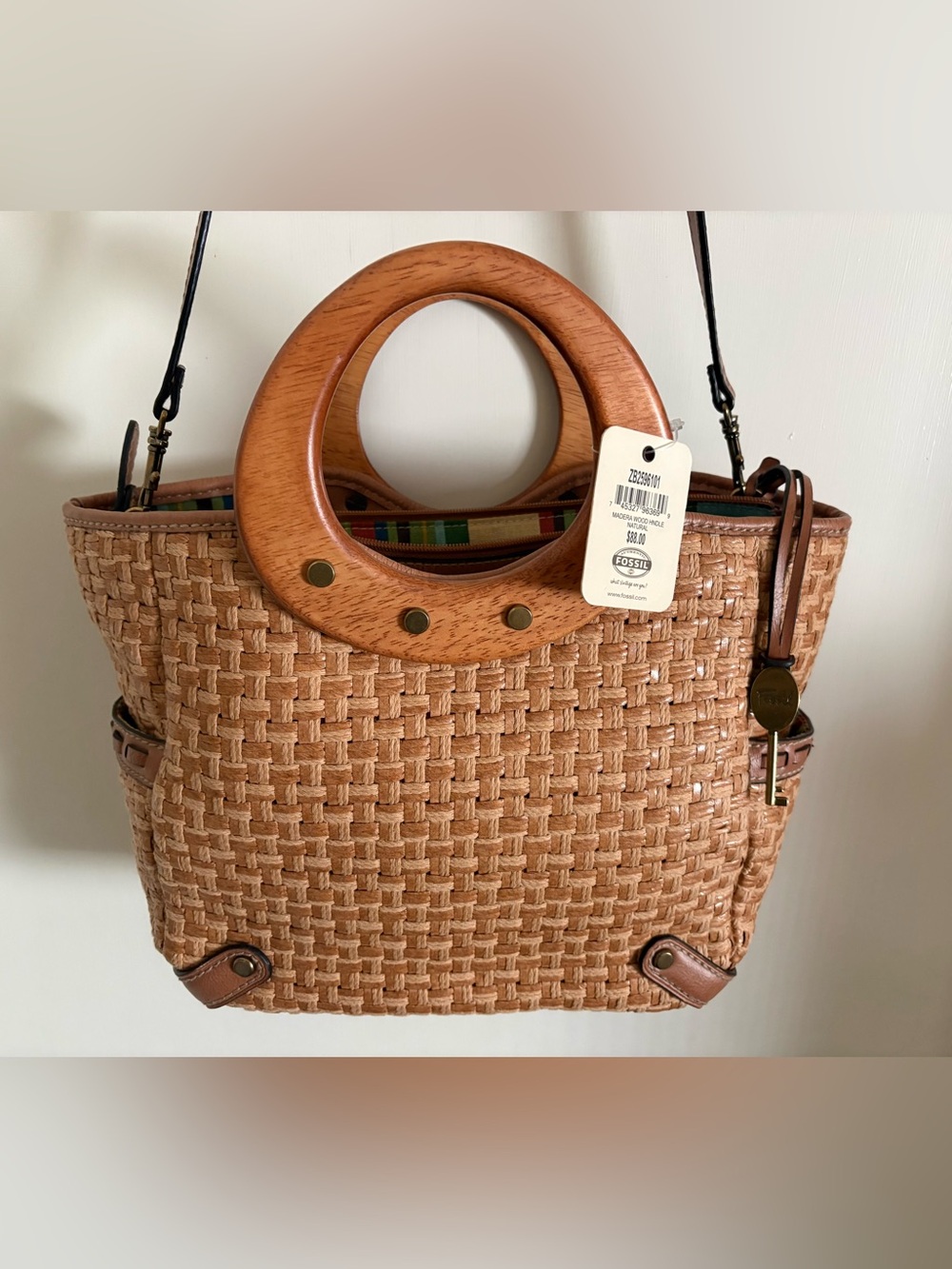 Fossil Tan Woven Tote with Circular Wood Handles - Picture 5 of 14